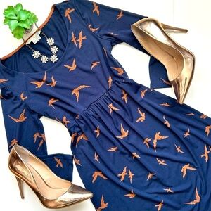 Boden Must Have Tunic Dress Navy Birds Print Novelty 3/4 Sleeve Mini Jersey 6